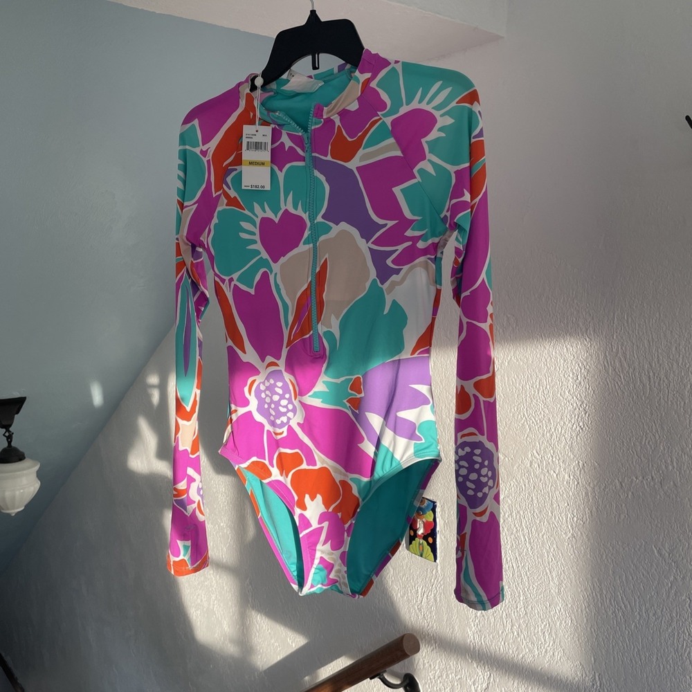 Trina Turk NWT Paddle B. Long Sleeve Floral One Piece Swimsuit Pastel Zip Medium - Picture 2 of 7
